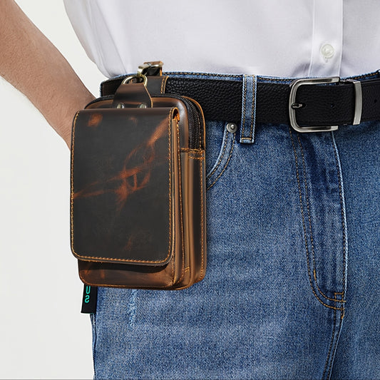 Men's Genuine Top Layer Cowhide Leather Phone Belt Pack, Casual Style, Uncharged, with Adjustable Shoulder Strap for Going Out
