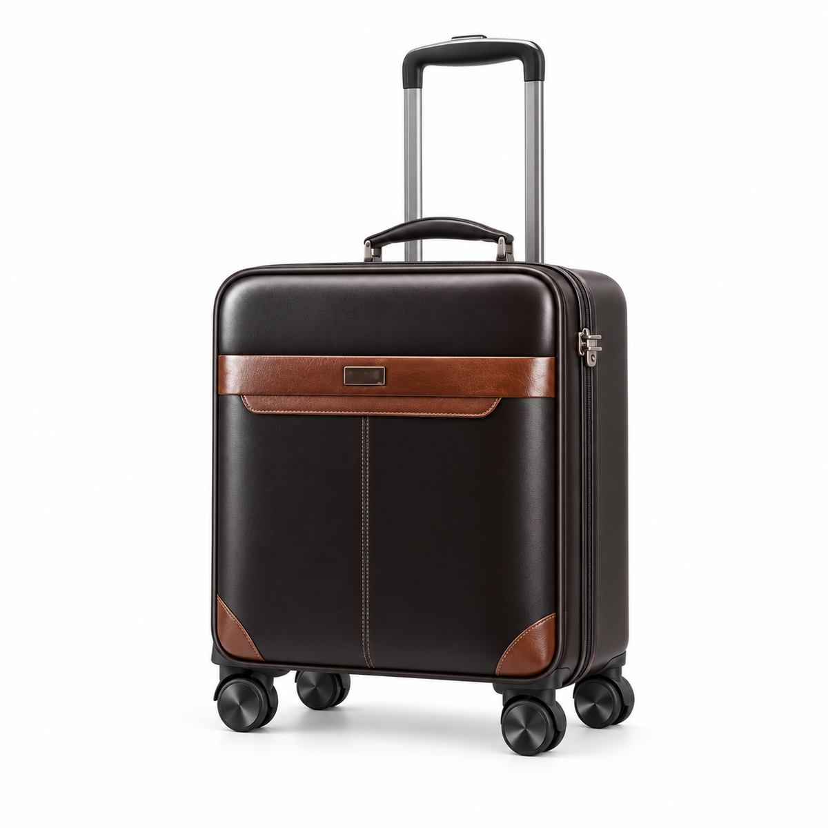 Brown Trim Leather Trolley Travel Suitcase