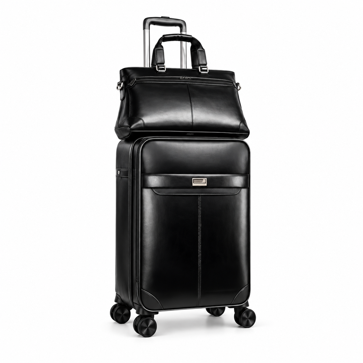 Black Leather Trolley Luggage With Tote
