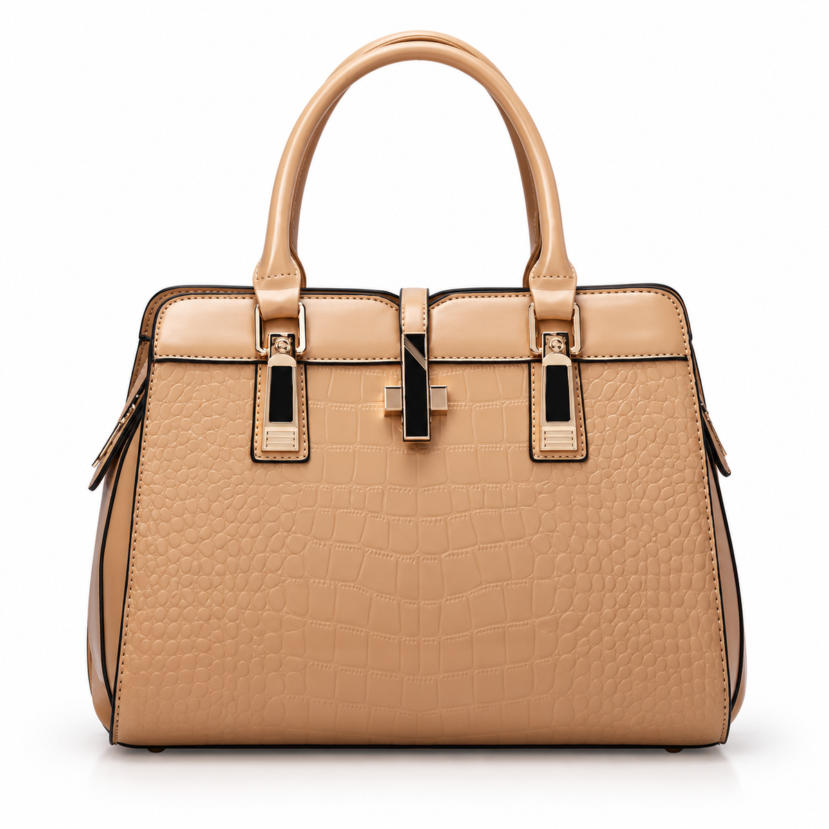 Elegant Camel Crocodile Embossed Structured Handbag