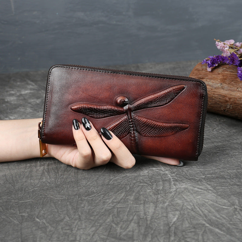[Leather Floral Clutch Bag] Vintage Leather Wristband Purse - Embossed Floral Pattern Zippered Clutch Bag with Coin Purse and Polyester Lining