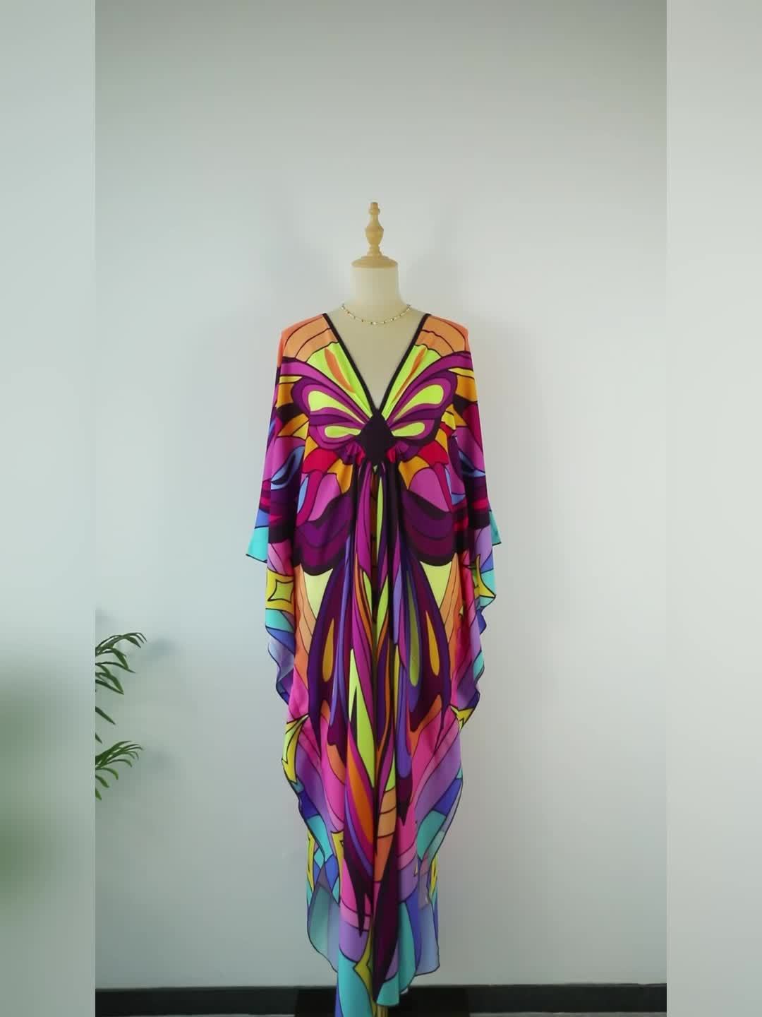 Vibrant Bohemian Kaftan Dress - Four-Sided Elastic V-Neck, Bat Sleeves, Beach Cover-Up
