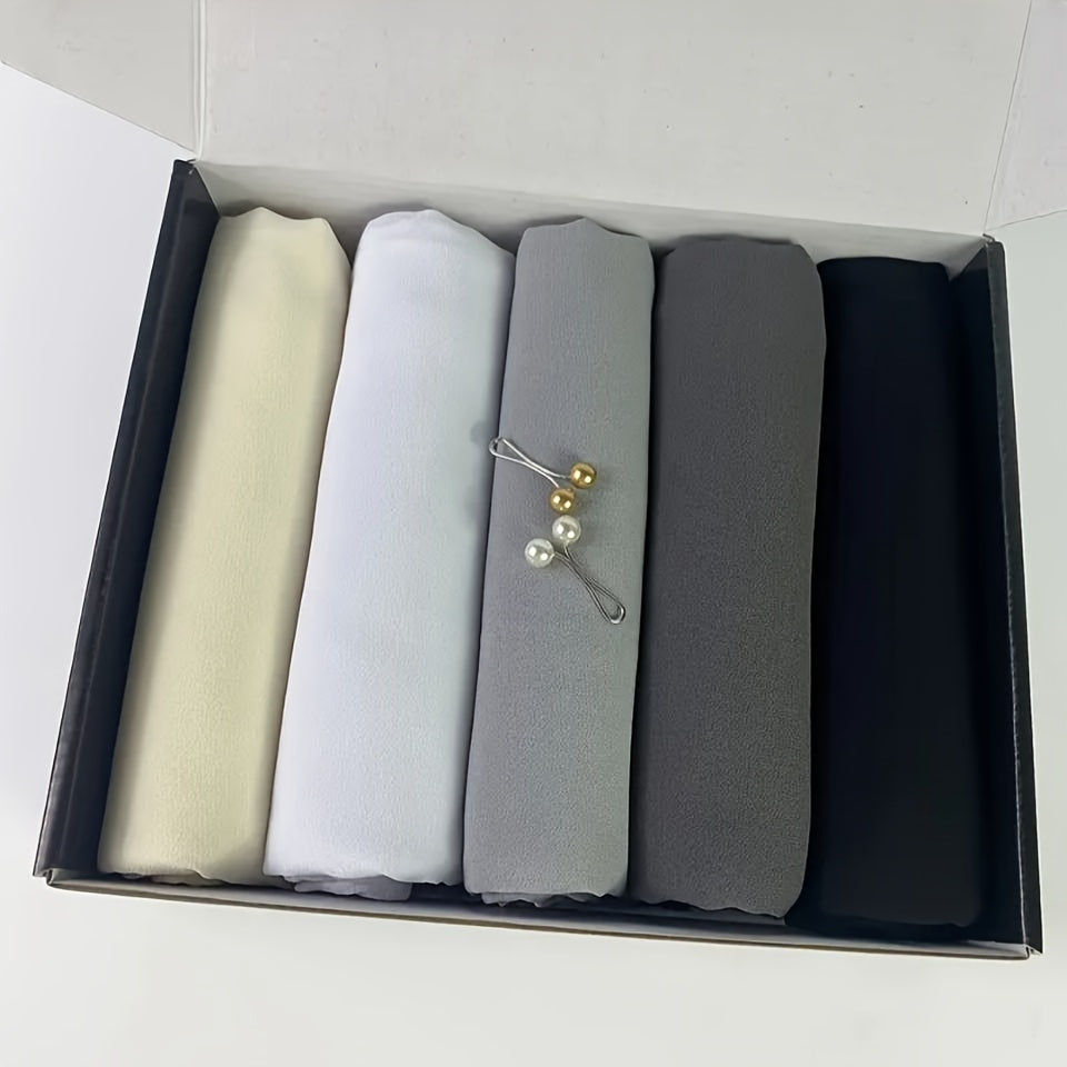 1box Solid Color Chiffon Hijab And Hijab Pins Thin Breathable Sunscreen Scarves (5pcs Minimalist Headscarfs + 2pcs Round Beads Clips), Hijab Set, Modest Fashion, Minimalist Scarf, Elegant Design, Delicate Weave, Lightweight F