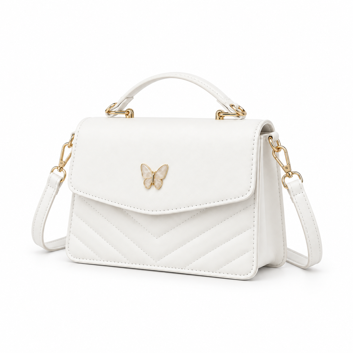 Elegant White Butterfly Quilted Shoulder Handbag