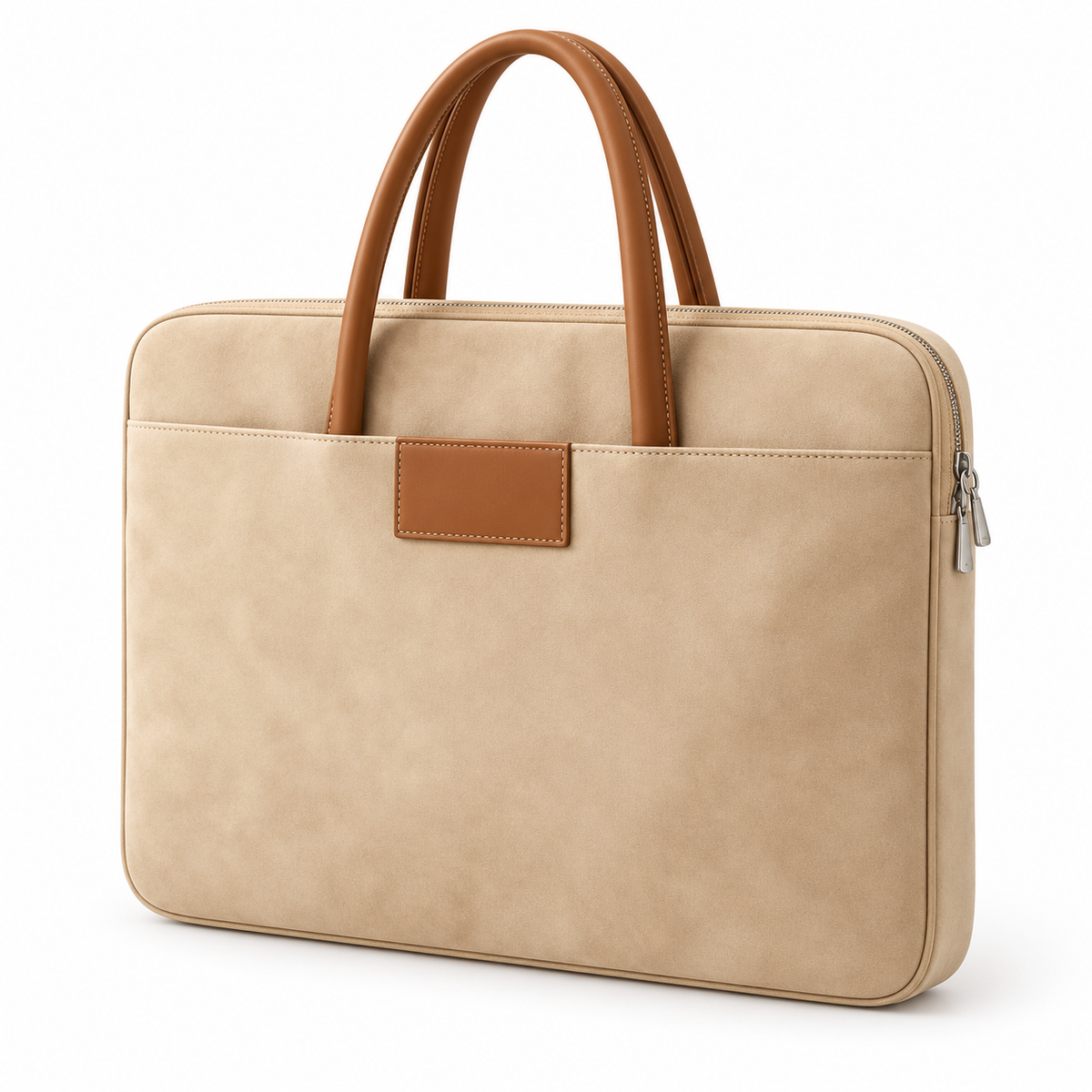 Beige Leather Laptop Bag With Handles