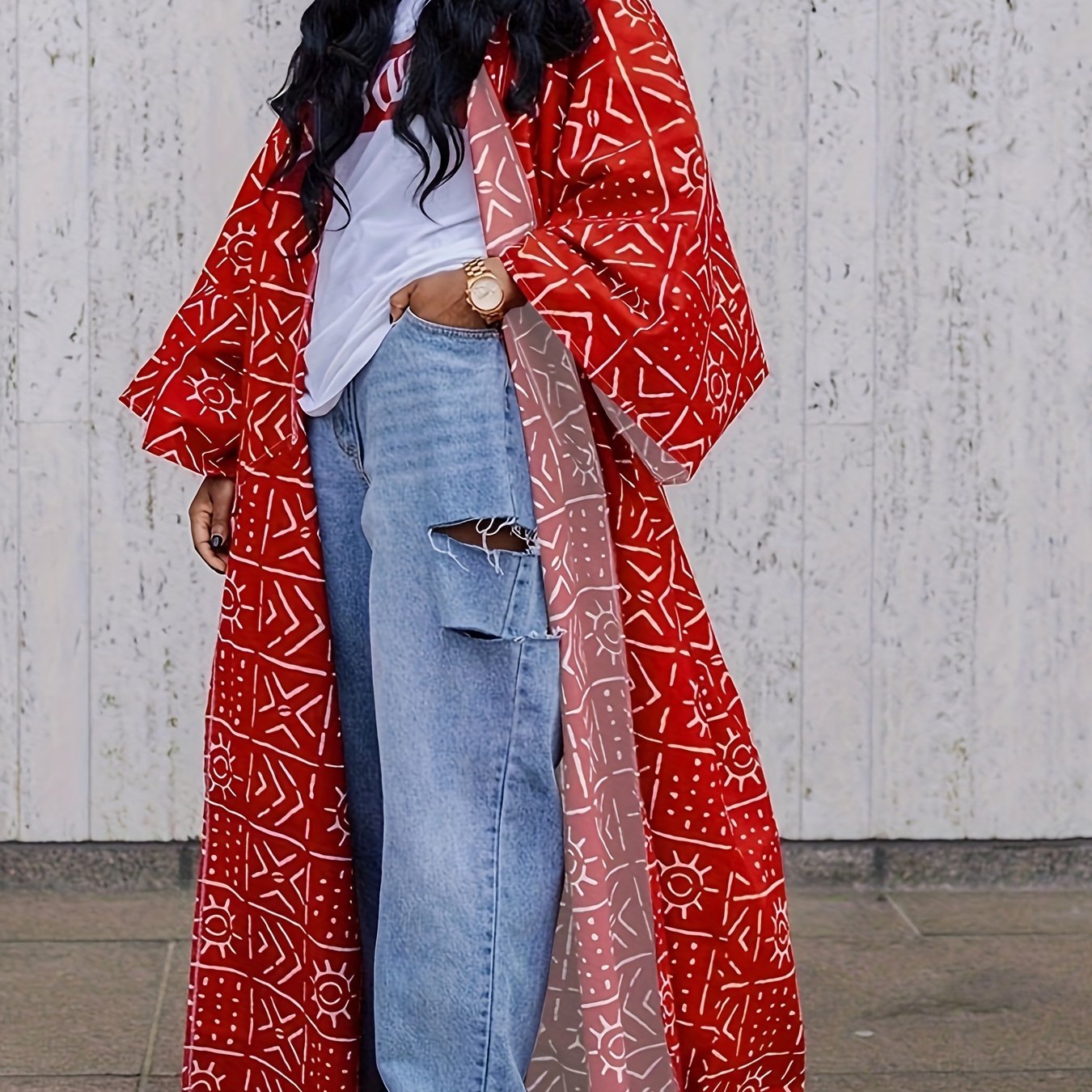 Chic Boho-Inspired Long Kimono Abaya - Loose Fit, Open Front with Full Print Design, Machine Washable - Perfect for Beach Vacations