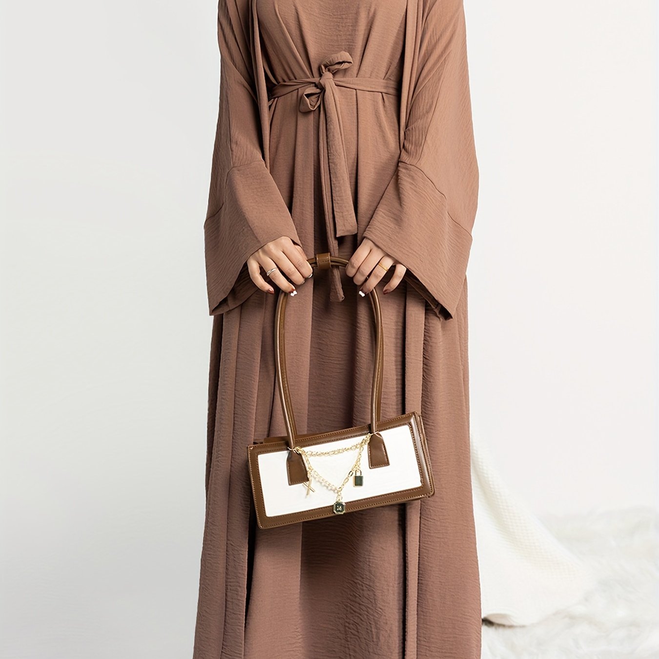 Muslim Lady 2pcs Arabic Abaya Set Eid Abaya Inner+open Abaya With Pocket