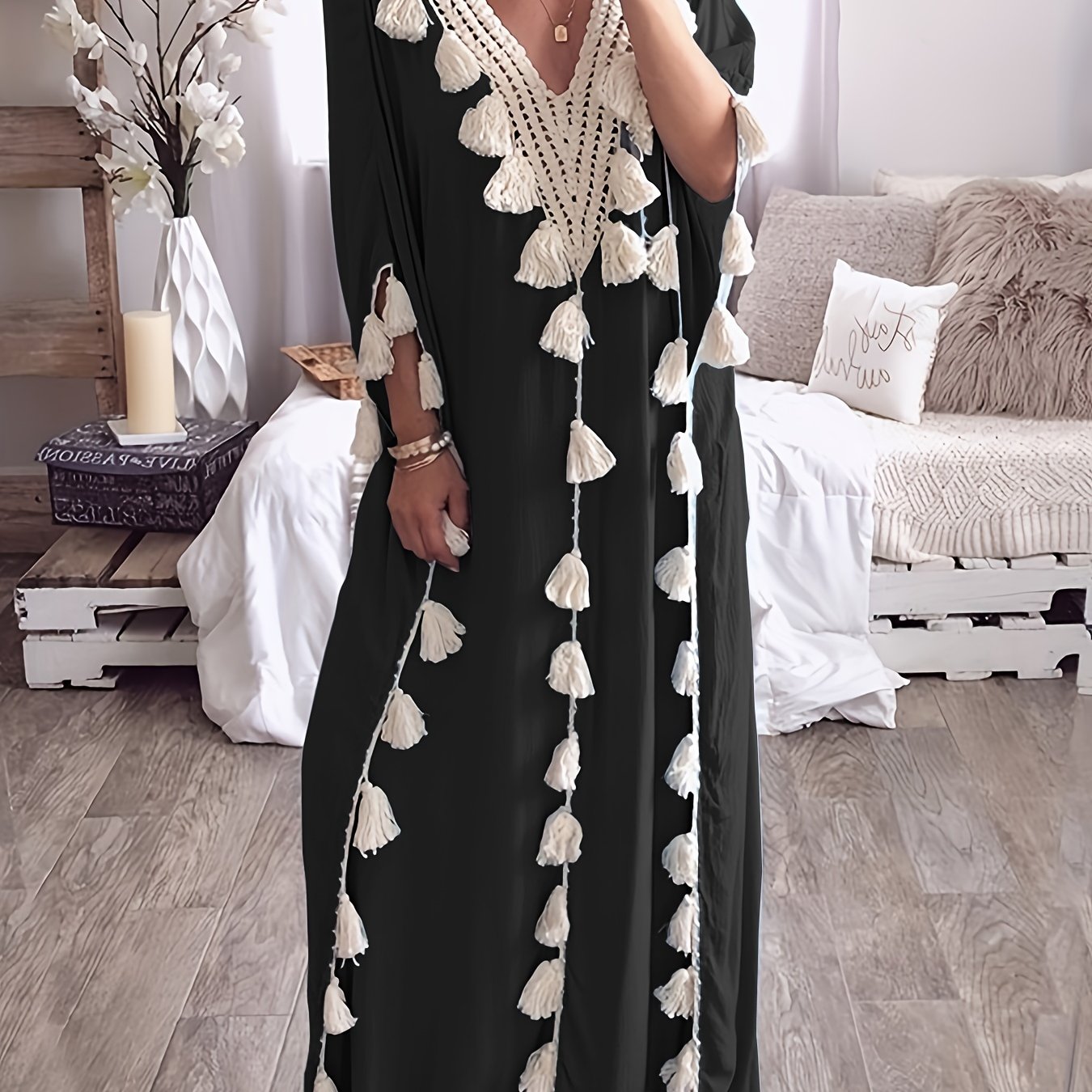 Womens Plus-Size Middle Eastern Kaftan Abaya, V-Neck Tassel Patchwork Gown Dress.