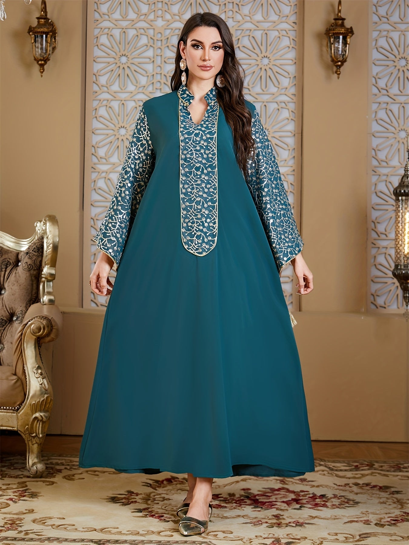 Elegant Muslim Kaftan Abaya Evening Dress with Floral Embroidery & Tassel Flare Sleeves - Navy Blue Maxi Abaya for Women, Middle Eastern-Inspired Traditional Gown, Hand Wash/Dry Clean