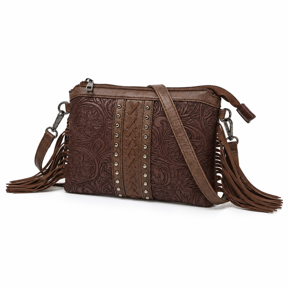 Coffee Brown Embossed Fringe Vintage Crossbody Bag