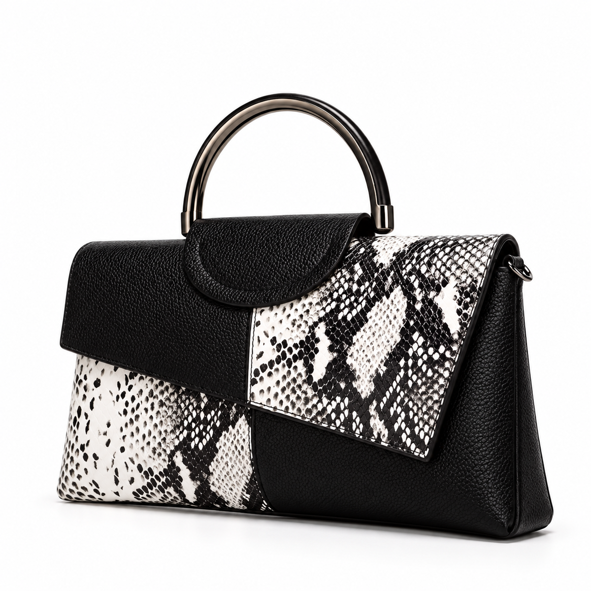 Black White Snakeskin Leather Evening Clutch