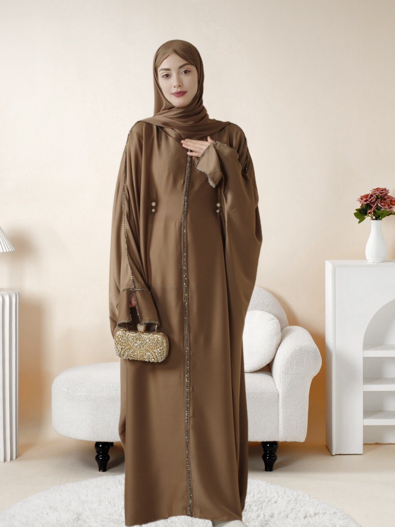 Batwing Emirati Abaya with Matching Hijab | Batwing Sleeve Abaya – Elegant Middle Eastern Arab, Islamic Style Shawl Robe Dress for Women, Long Skirt, Ramadan Prayer Outfit