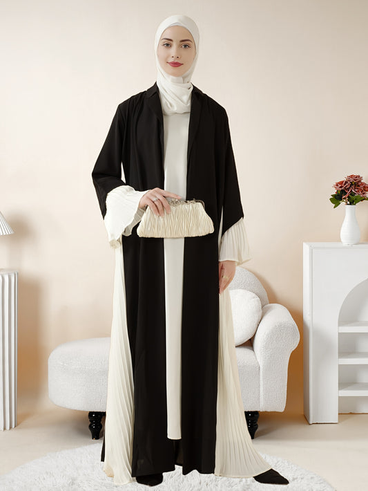 Elegant Black and White Contrast Pleated Open Front Abaya, Summer Lightweight H-Line Silhouette, Breathable Non-Stretch Fabric, Regular Sleeve Design for Women, Cultural & Formal Wear