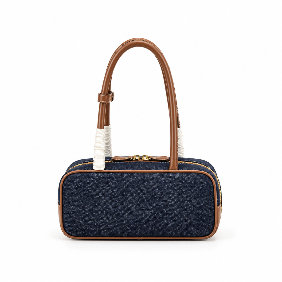 Elegant Denim Leather Double Zip Shoulder Bag