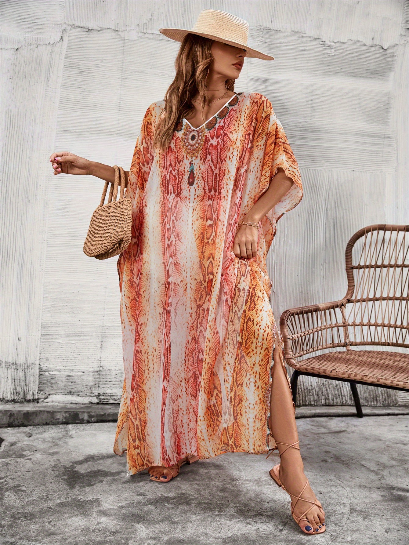 Plus Size Boho Beach Maxi Dress - Vibrant Print V-Neck Kaftan with Side Slits, Stretchy Lightweight Fabric, Short Sleeve Resort Wear for Seaside, Summer Parties & Casual Outings, Beach Dress, Seaside Event Attire, Flowy Fabric