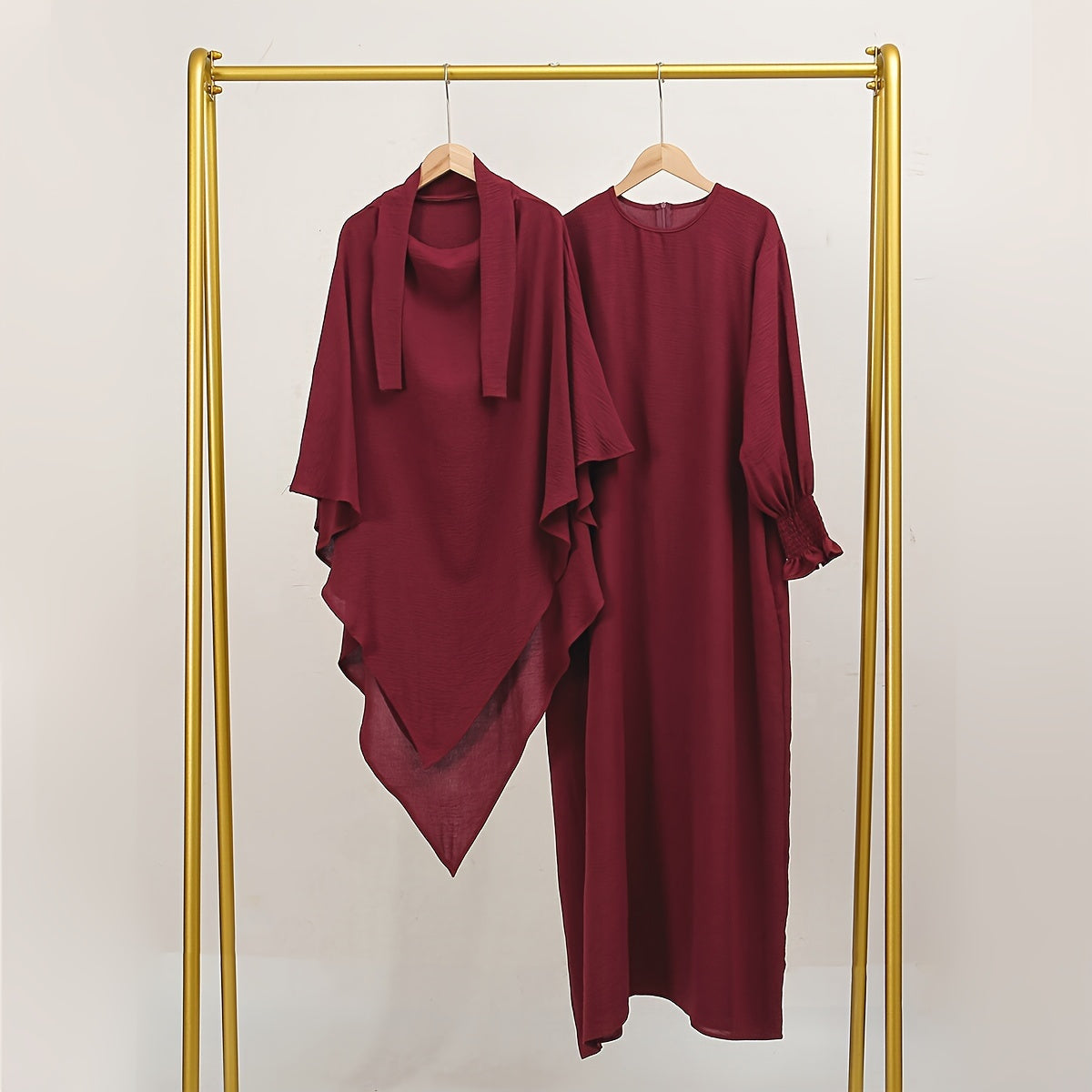 2pcs Elegant Black Polyester Hijab Robes with Pleated Sleeves - Breathable, Sun-Protective, and Stylish Khimar Abaya for Women, Perfect for Outdoor Wear, Hijab Scarf