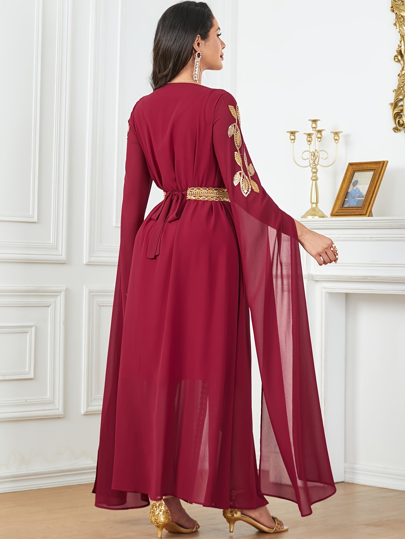 Embroidered V-Neck Abaya Dress, Elegant Cape Sleeve Maxi Dress, Women's Clothing