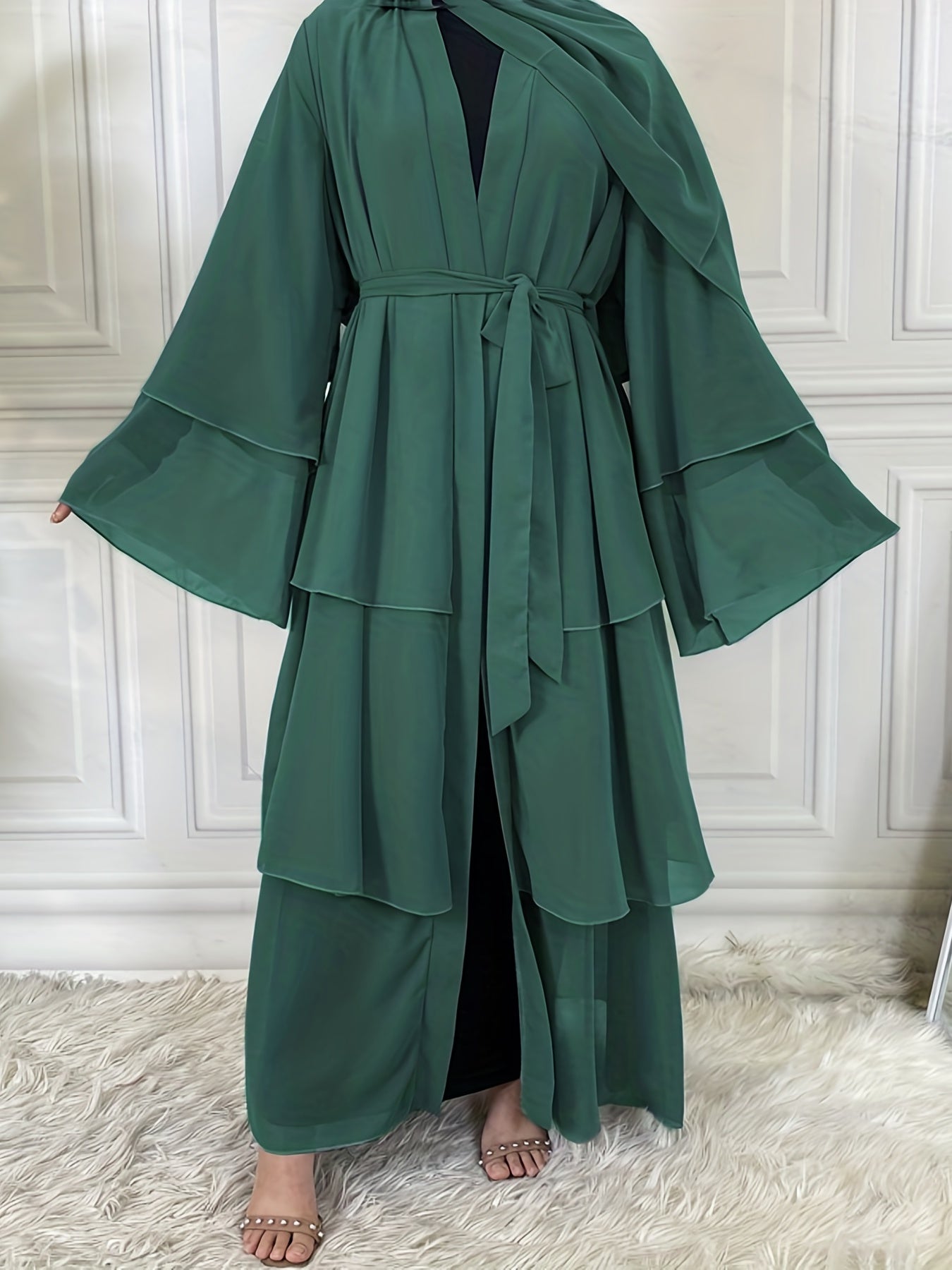 Ramadan Layered Open Front Modest Pakistani Abaya, Long Sleeve Muslim Dress With Belted, Without Hijab, Women's Clothing