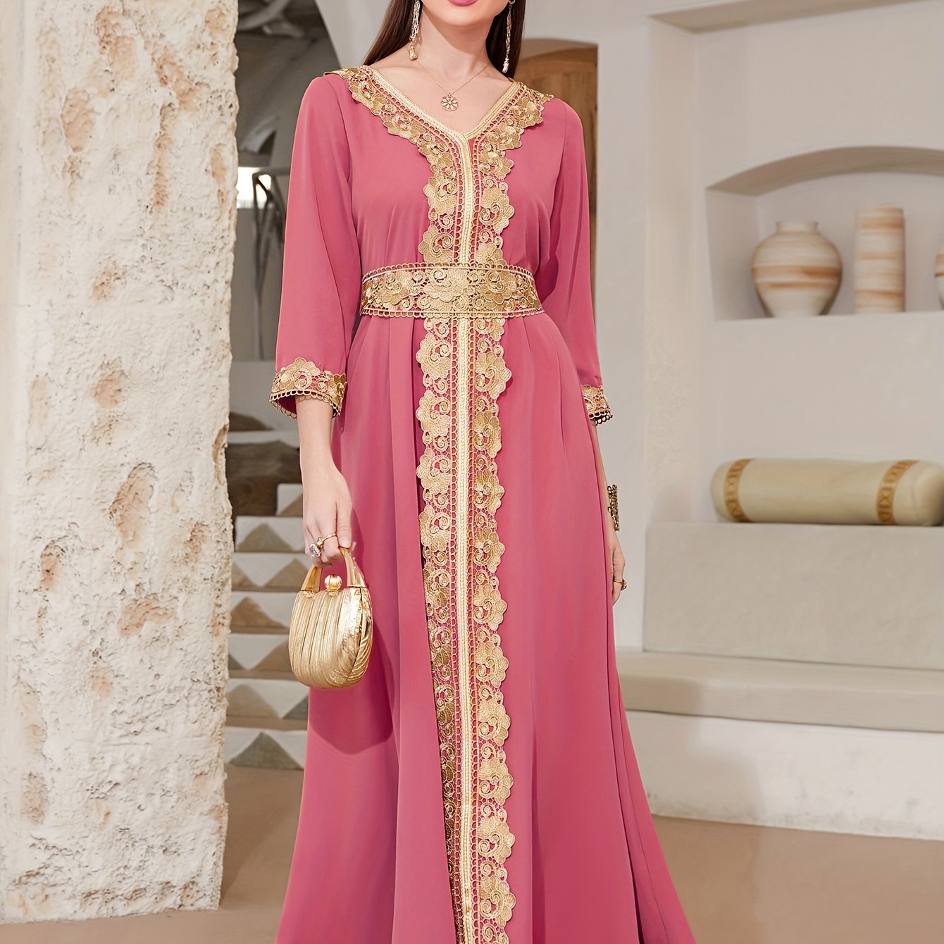 Elegant Golden Contrast Lace Detail Maxi Palestinian Abaya - V-Neck, Long Sleeve, Polyester, Formal or Evening Wear for Women, Formal Occasion Attire | Lace Detailing | Polyester Fabric