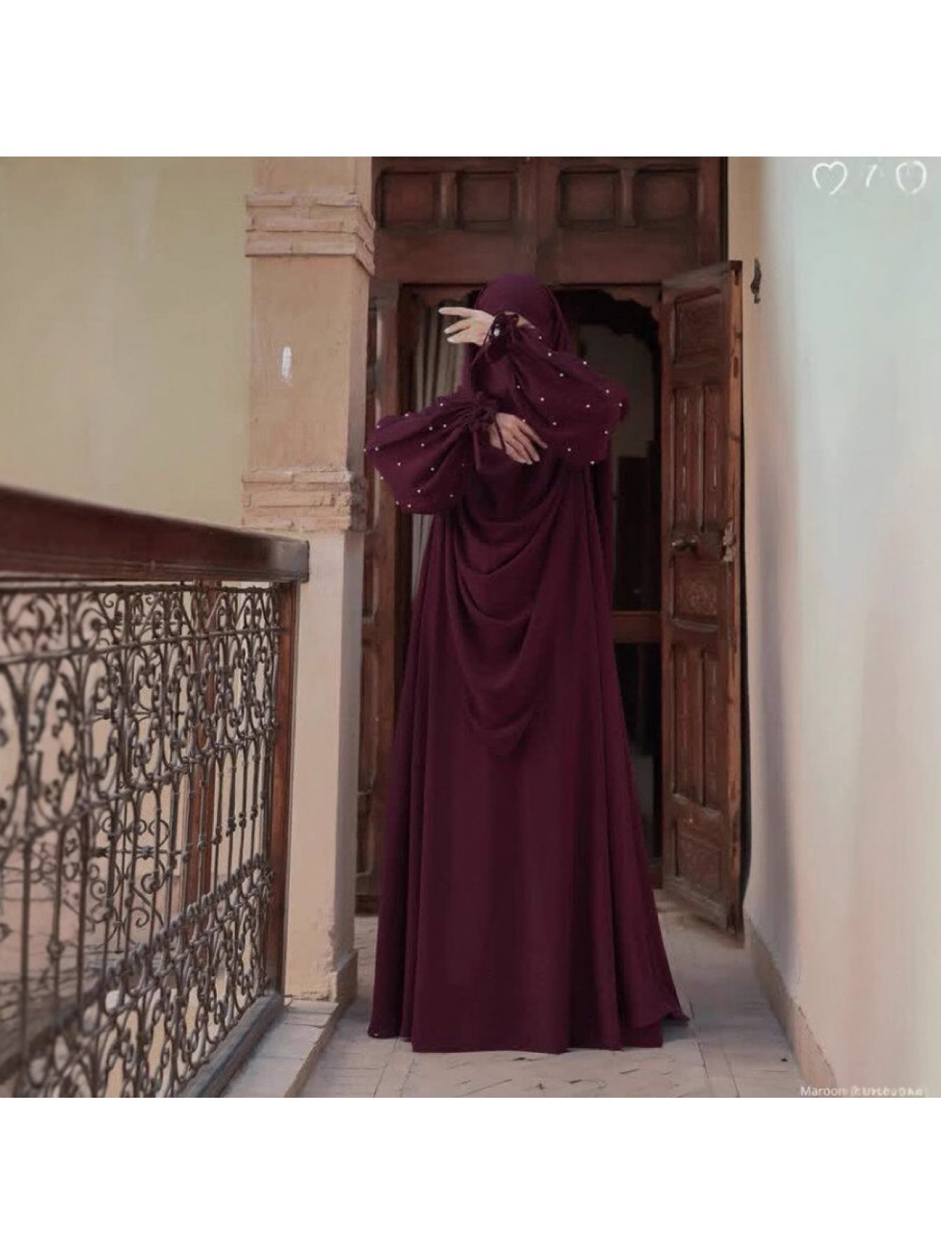 Middle Eastern Solid Color Women's Arabic Abaya with Pearl Sleeves and Long Scarf Set, Perfect for Daily Wear, Travel, and Ramadan Prayers