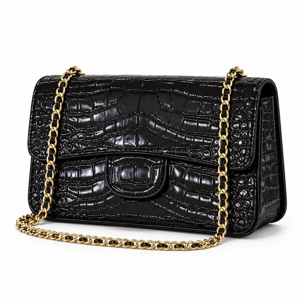Black Crocodile Embossed Chain Crossbody Bag
