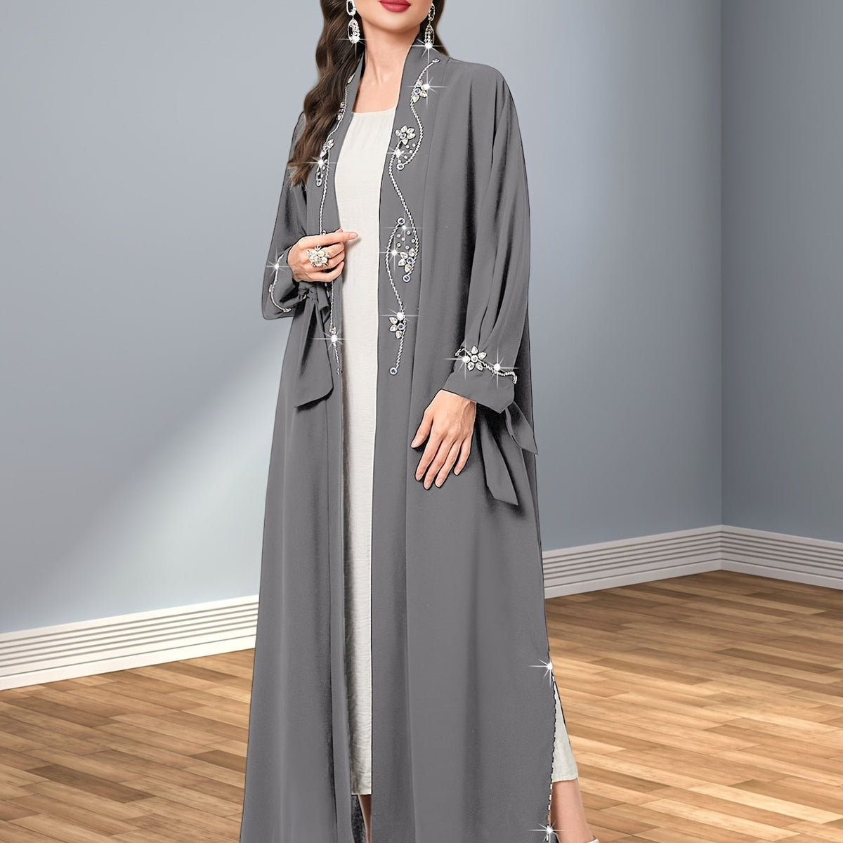 Hand-Sewn Rhinestone-Embellished Oversized Emirati Abaya - Middle Eastern-Inspired Elegance Collection, Solid Color Longline Cover-Up for Casual & Formal Wear, Hand Wash Only, Formal Coverup