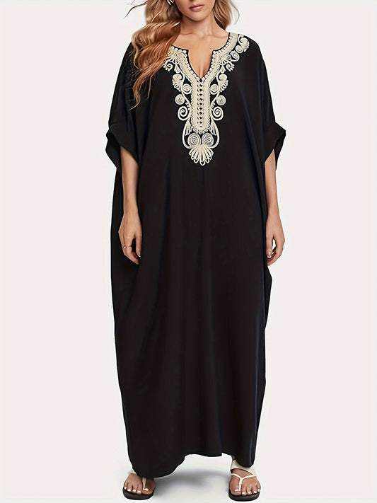 Bsubseach Caftans For Women Plus Size Beach Kaftan Dress Long Swimsuit Cover Up Casual Resort Wear Black Embroidery