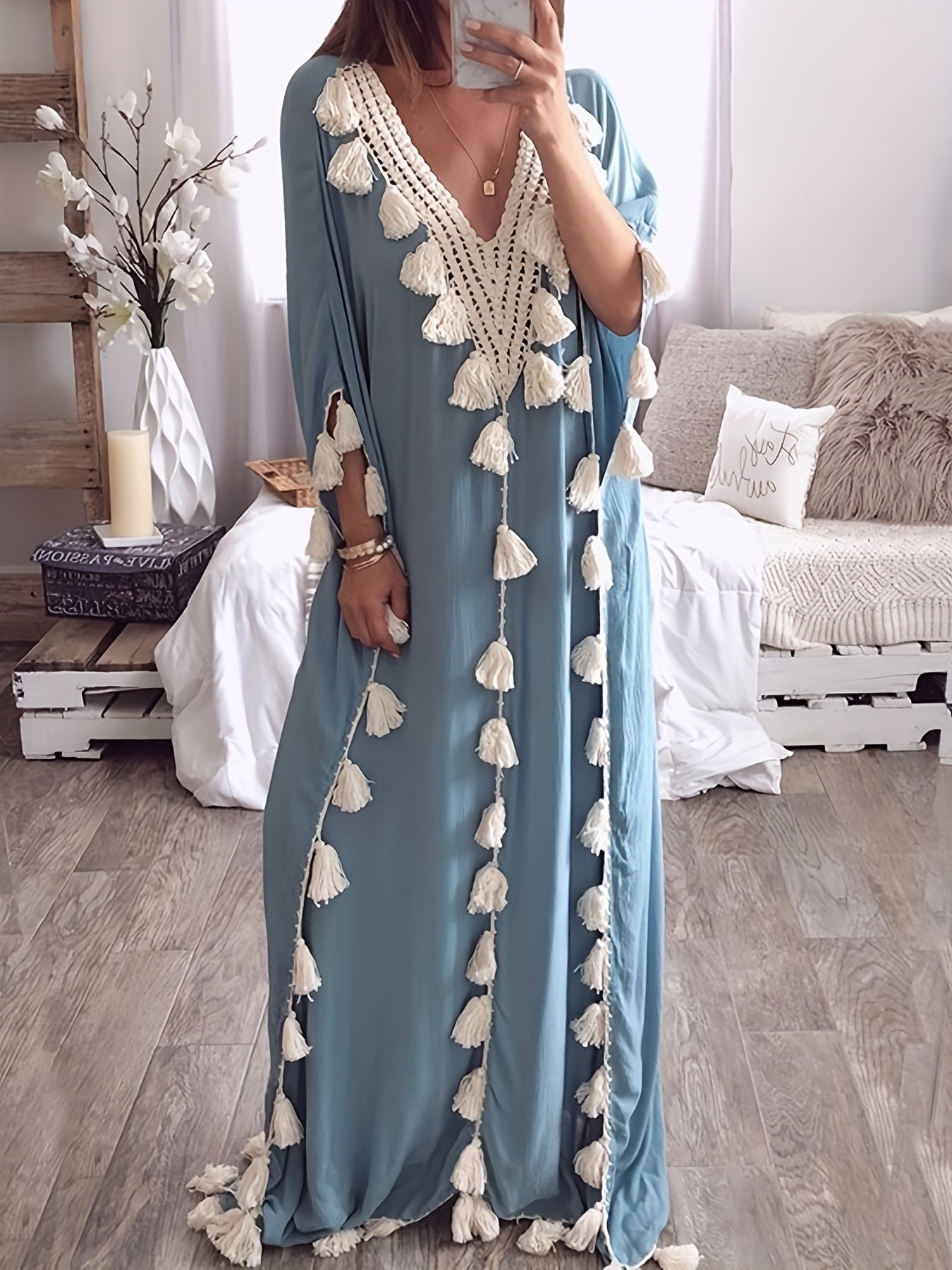 Womens Plus-Size Middle Eastern Kaftan Abaya, V-Neck Tassel Patchwork Gown Dress.