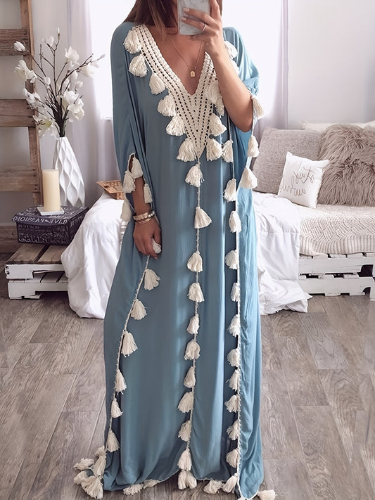 Womens Plus-Size Middle Eastern Kaftan Abaya, V-Neck Tassel Patchwork Gown Dress.