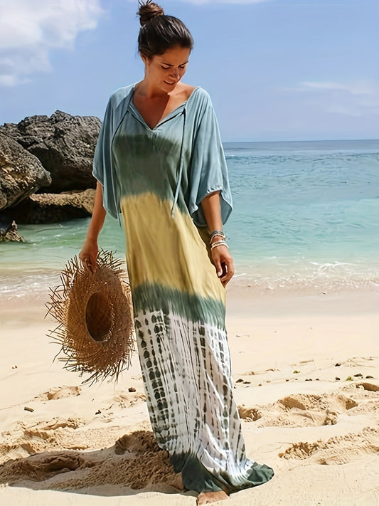 Women Green Tie Dye Kaftan Dress | Beach Cover Up Short Sleeve Maxi Dress, Casual V-Neck Kimono, Loose Fit For Spring/Summer/Fall