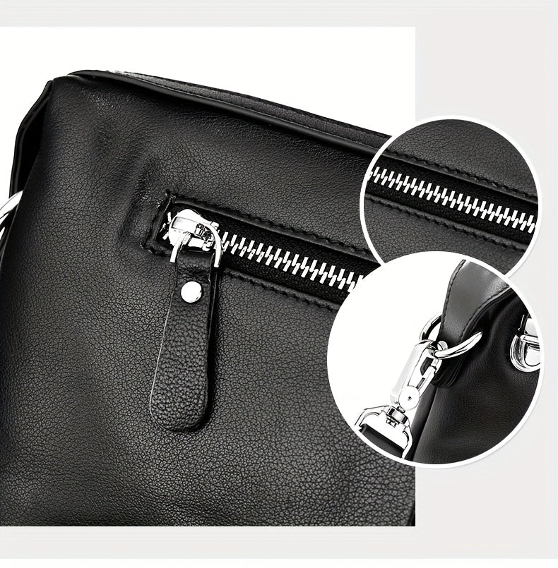 Genuine Leather Men's Crossbody Bag - Adjustable Shoulder Strap, Snap Closure, Soft Cowhide Vintage Style Black Casual Business Backpack for Everyday Use