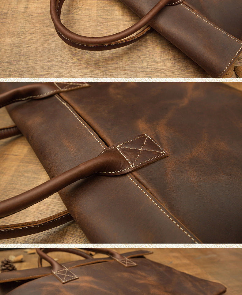 Lightweight Men's Genuine Leather Laptop Bag - Minimalist Business Casual Tote with Brown Accents, Durable Polyester Lining