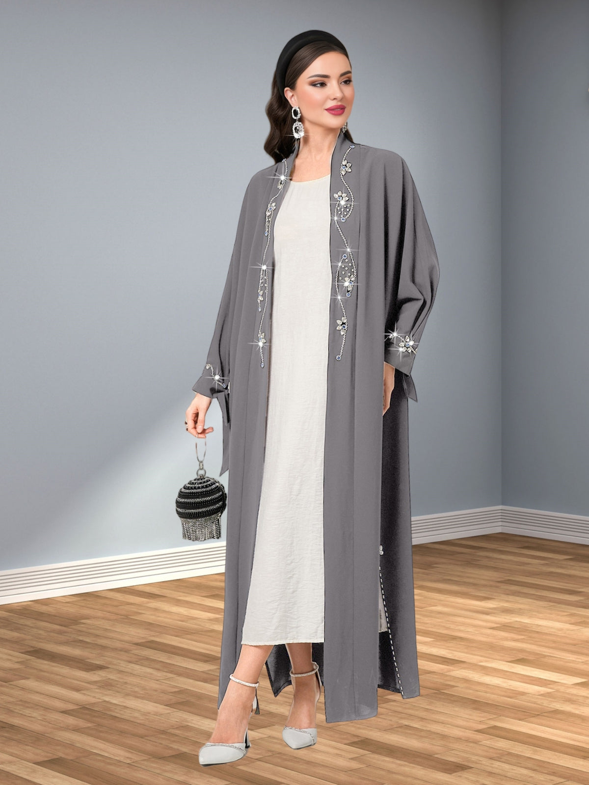 Hand-Sewn Rhinestone-Embellished Oversized Emirati Abaya - Middle Eastern-Inspired Elegance Collection, Solid Color Longline Cover-Up for Casual & Formal Wear, Hand Wash Only, Formal Coverup