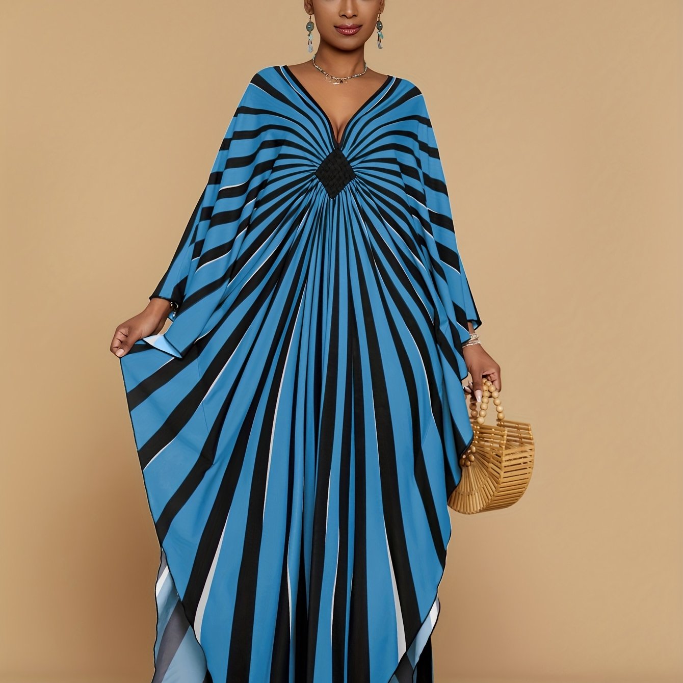 Plus Size - Bohemian Stripe Print Kaftan Dress for Women - V-Neck, Half Sleeve, Long Length, Lightweight Polyester, Perfect for Beach Coverup & Casual Vacation, Plus Size, Spring/Summer/Fall Wear, Beach Dress