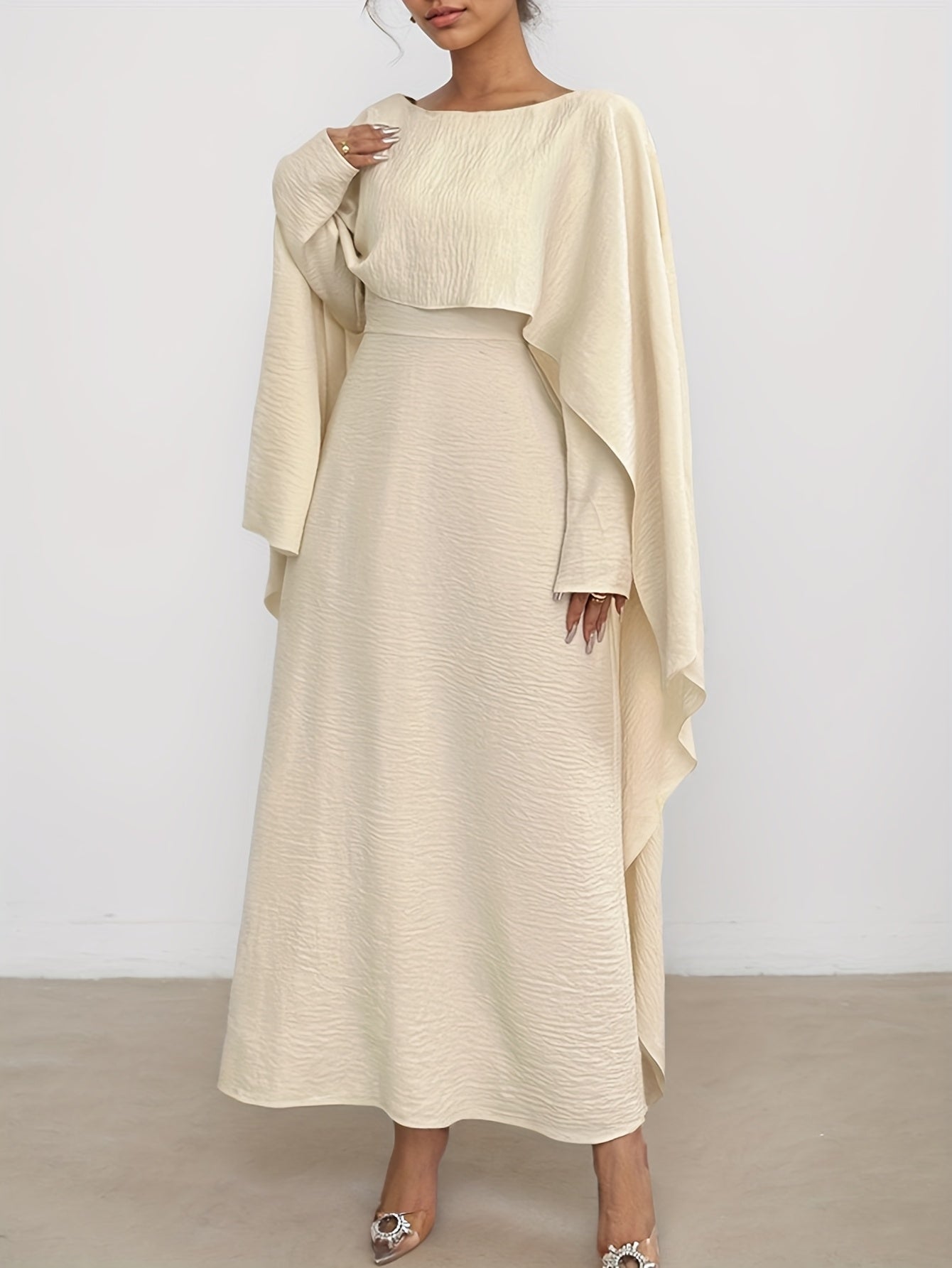 Ladies Spring And Summer New Style Solid Color Fashionable Elegant Temperament Long Sleeve Pleated Fake Two-Piece Design, Round Neck Irregular Long Women's Abaya Dress