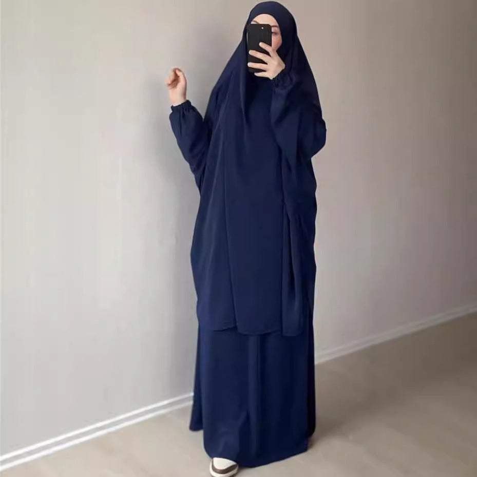 Middle East Dubai Women's Solid Color Loose Jilbaab Two-Piece Set with Large Hijab for Export