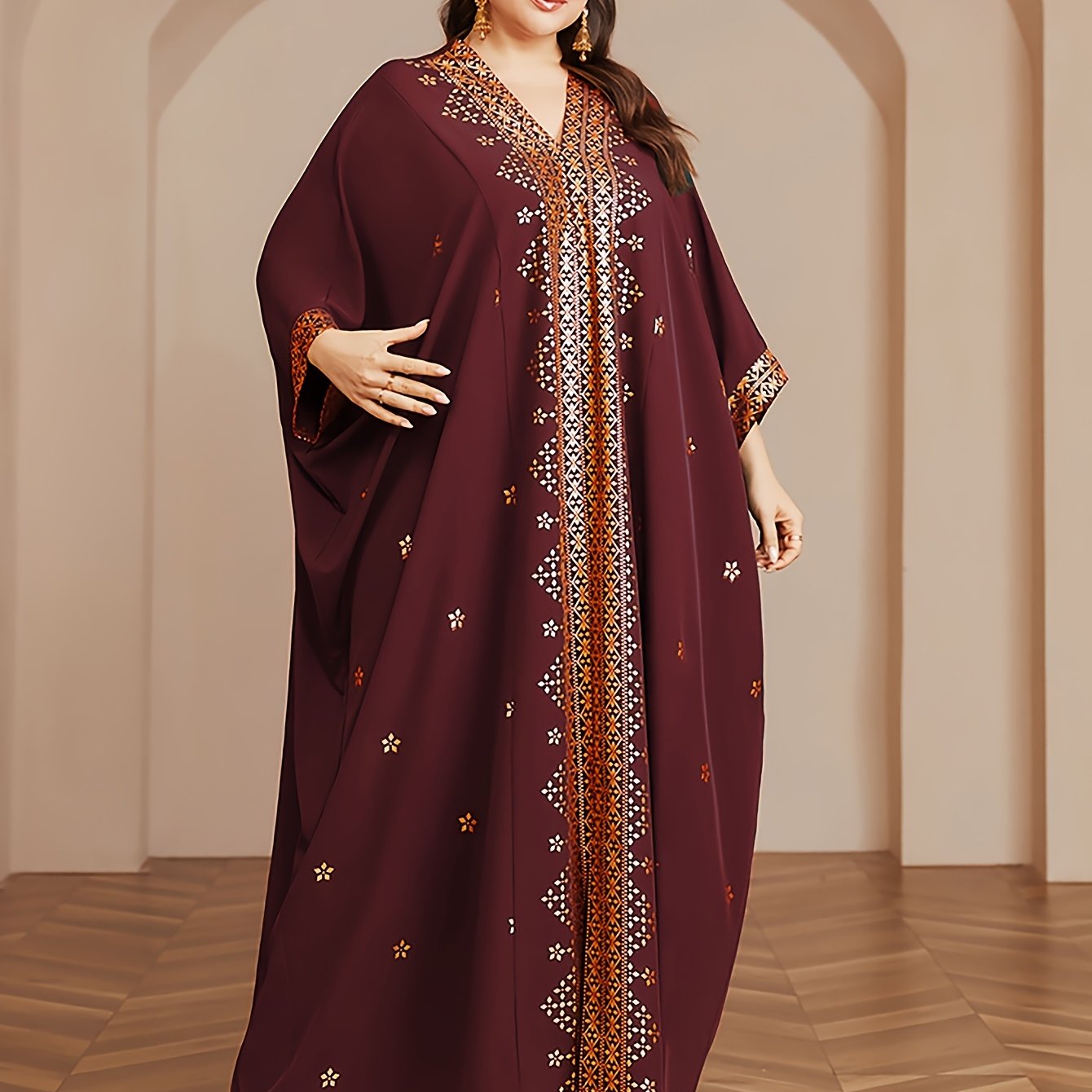 Polyester Long Kaftan | V-Neck Tribal Pattern Woven Non-Stretch, Middle East Golden Tassel, Batwing Sleeve Abaya, Plus Size, All Season