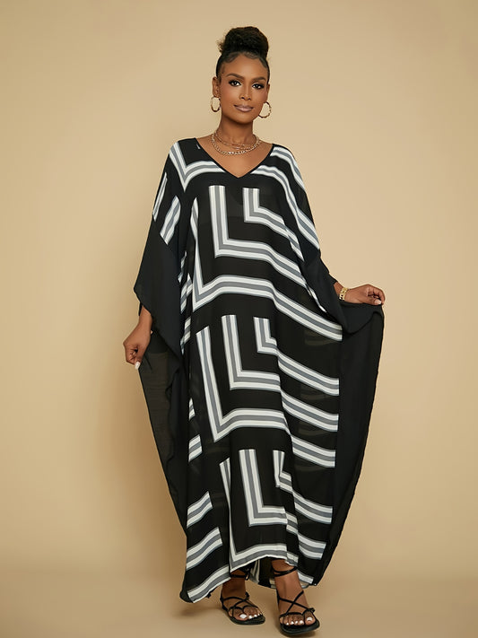 Women's Bohemian Kaftan Swimsuit Cover Up - Lightweight Geometric Print Maxi Dress for Beach & Pool, Machine Washable Summer Swimwear Cover-Up, Black, Bathing Suit Cover Up, Poolside Apparel, Soft Drape Material, Flowy Fabric