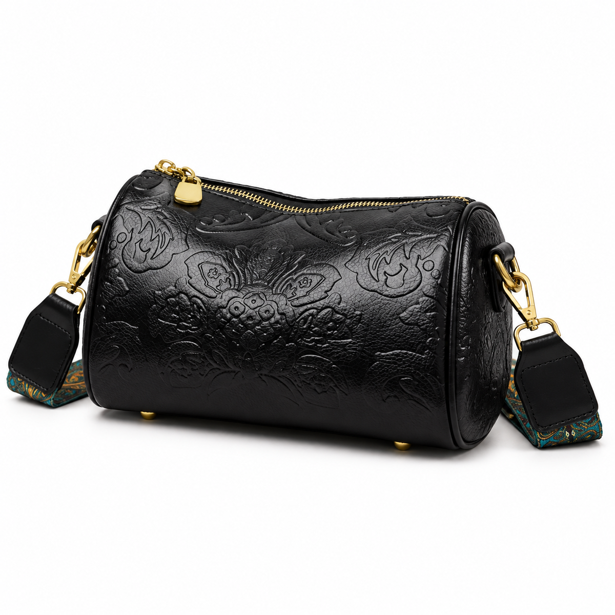 Black Floral Embossed Barrel Vintage Crossbody Bag