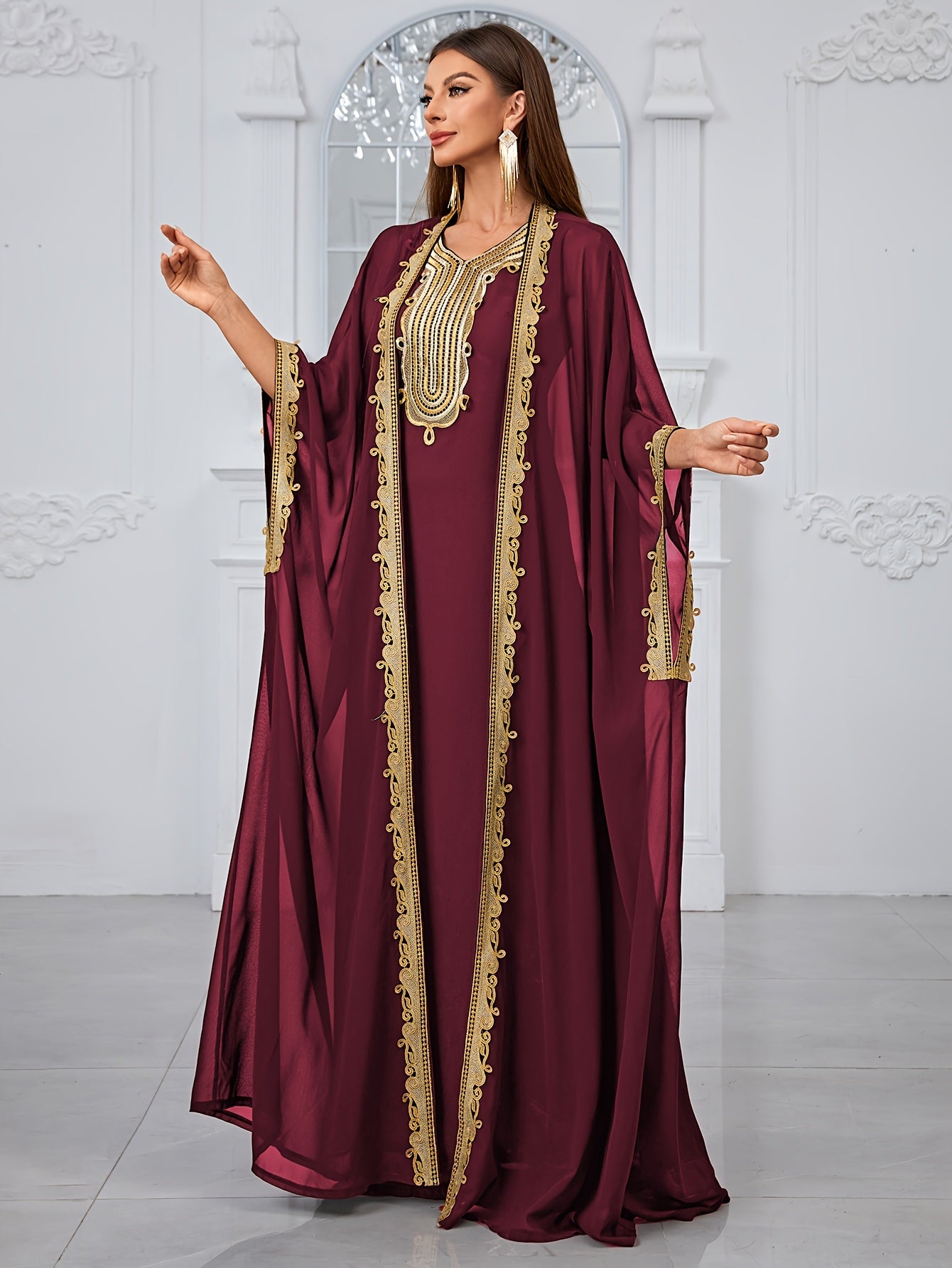 Elegant Women's Embroidered Lace Evening Dress Gown - Maroon & Golden Two-Piece Set with Intricate Lace Detailing, Perfect for Formal Events, Formal Evening Wear|Lace Embroidery|Elegant Gown Abaya