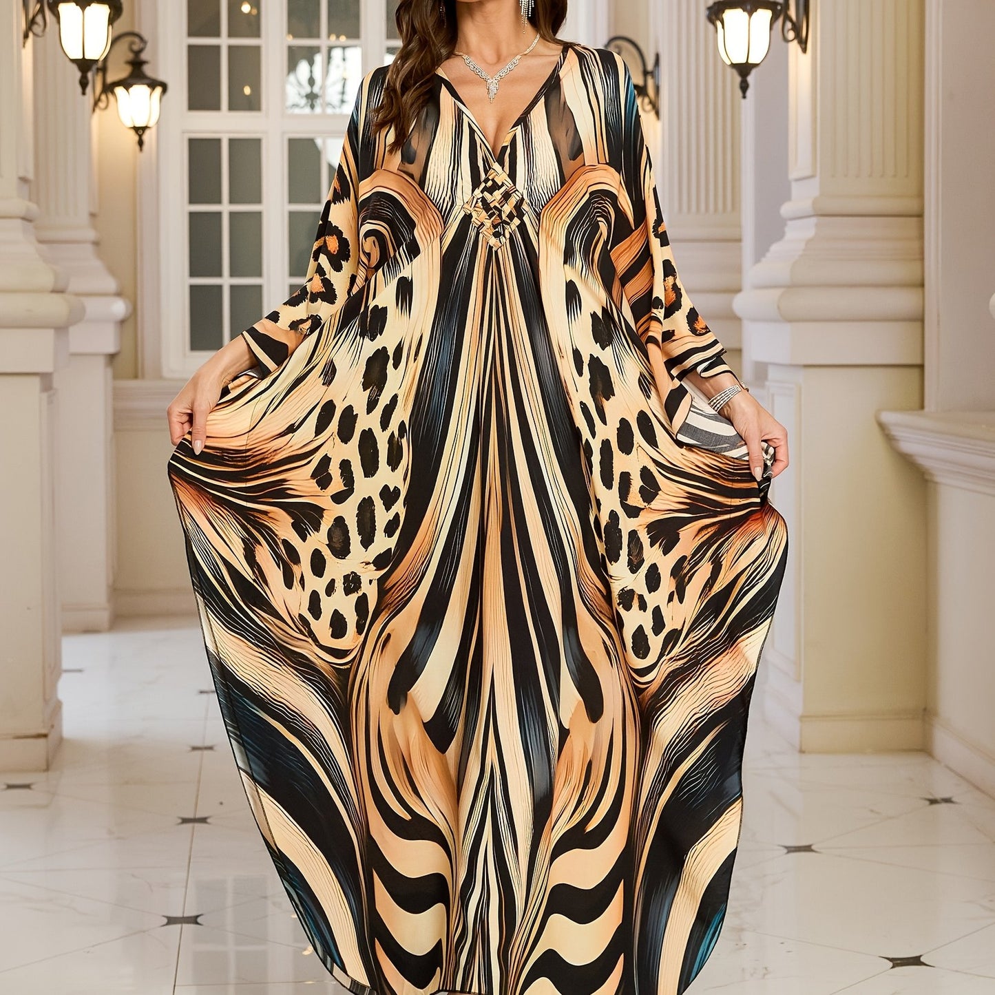 EDOLYNSA Women's Deep V-Neck Leopard Print Turkish Kaftan Dress - Long Sleeve Batwing Beach Cover-Up with Chest Ruching, Loose Fit Maxi for Resort Wear, Poolside & Casual Outings, Beach Dress, Summer Vacation Outfit, Batwing
