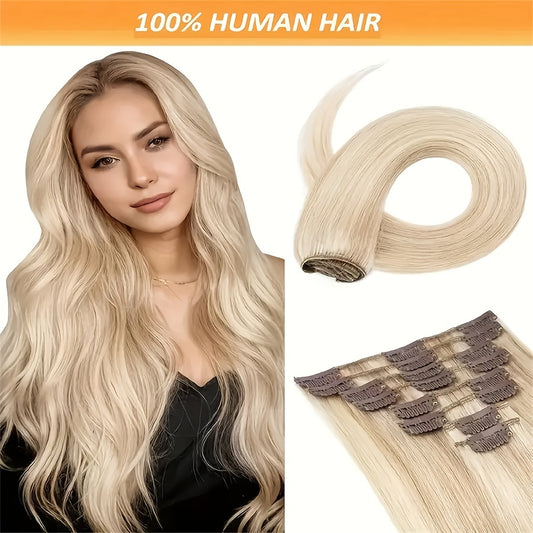 8pcs Clip In Hair Extensions 100% Real Human Hair P8/613 Color Brown Highlight Blonde For Women Daily Use Real Easy Wear