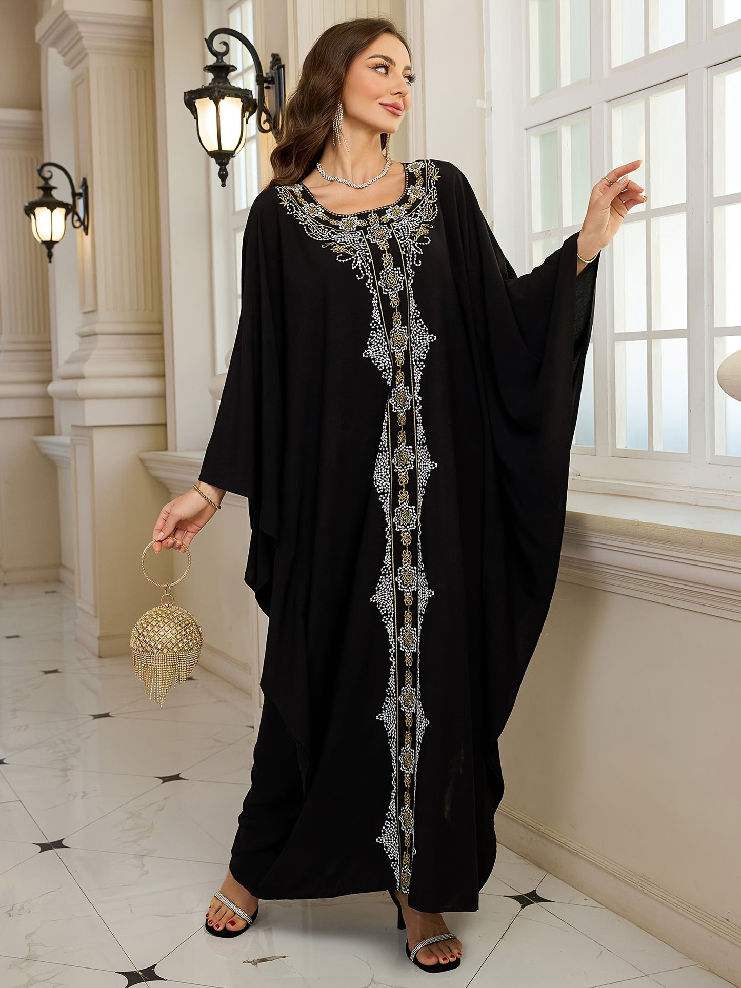 Plus Size Elegant Long Sleeve Batwing Kaftan, Viscose Non-Stretch Fabric, Tribal Embroidery, Loose Fit, with Woven Traditional Middle Eastern Abaya Robe for Festive Occasions