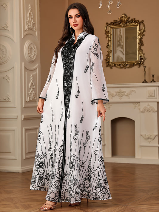 Elegant Floral Sequin Embroidered Beaded Long Sleeve Kaftan Abaya Dress, 100% Polyester, Non-Stretch Woven Fabric, Regular Fit, All Seasons, Contrast Detail, 120Gsm