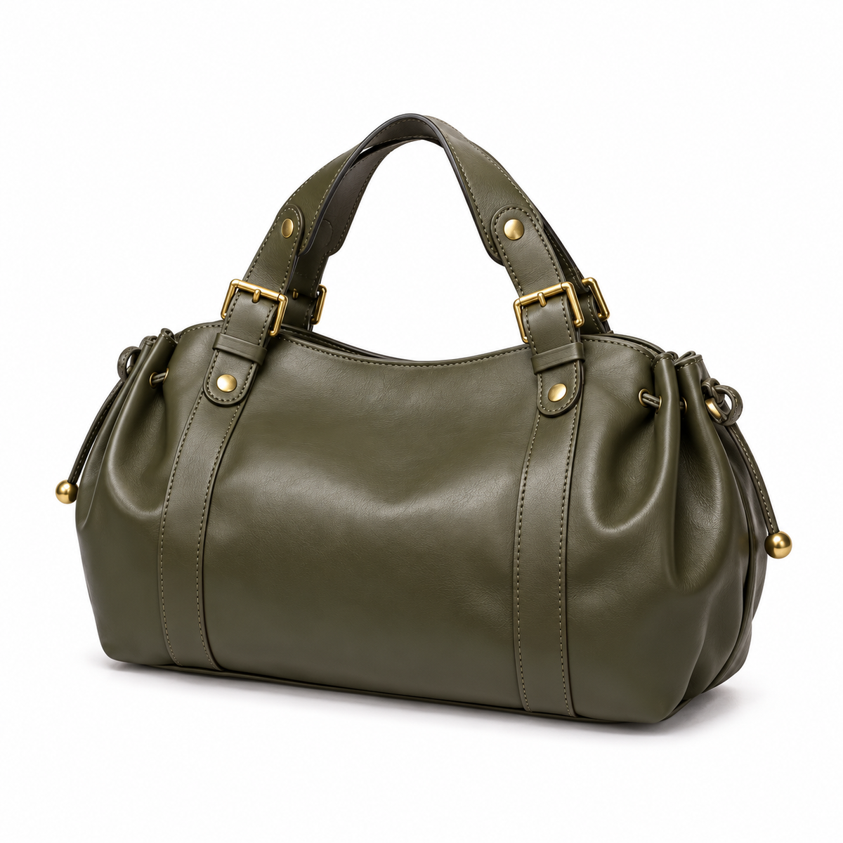 Olive Green Buckle Handle Barrel Handbag