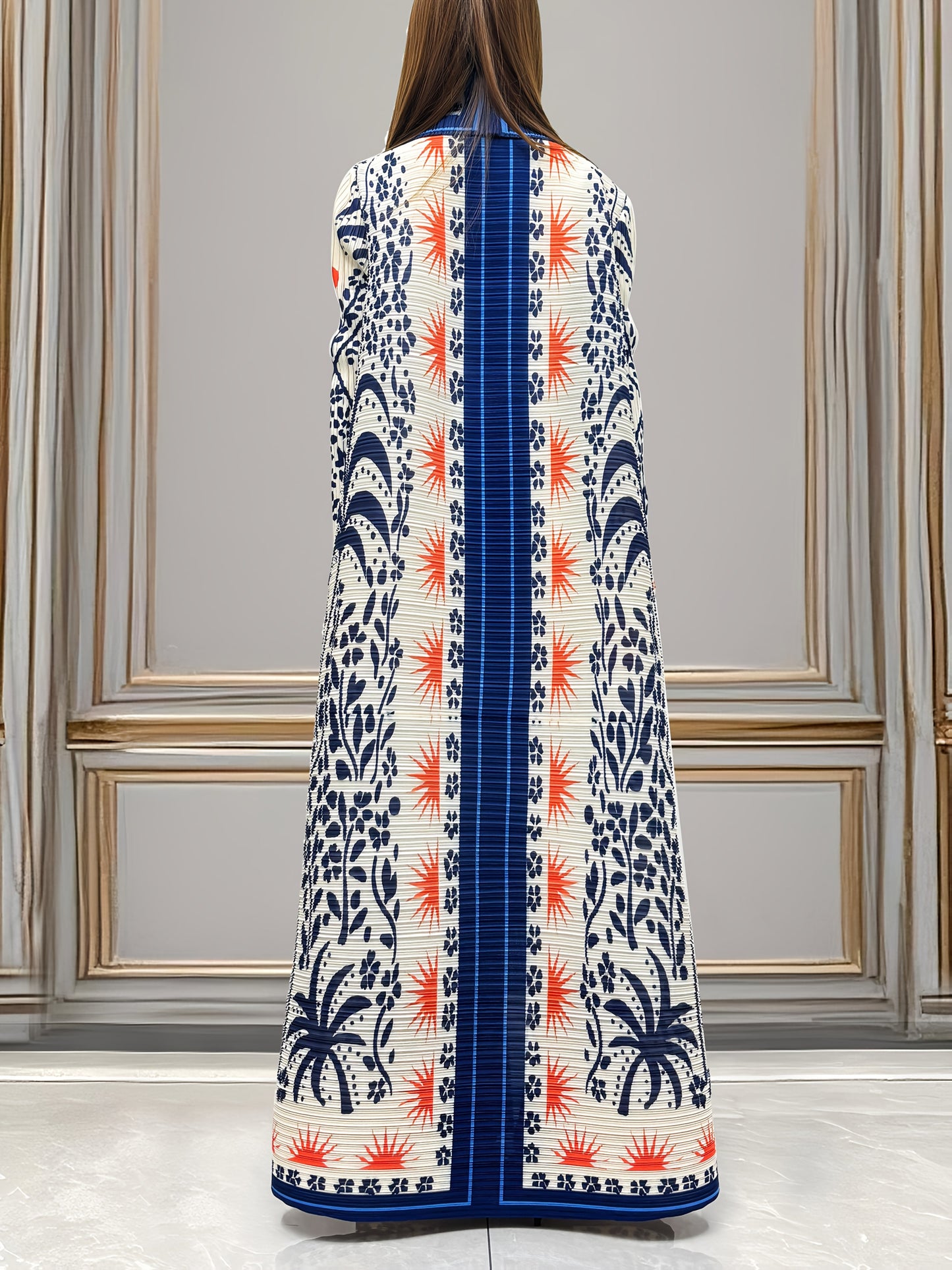Plus-Size Middle Eastern Floral Print Robe - Blue & Red A-Line Long Lightweight Abaya with Belt, High-Stretch Machine-Washable Fabric for Spring/Fall Outdoor Wear, Fall Wardrobe, Loose Fit