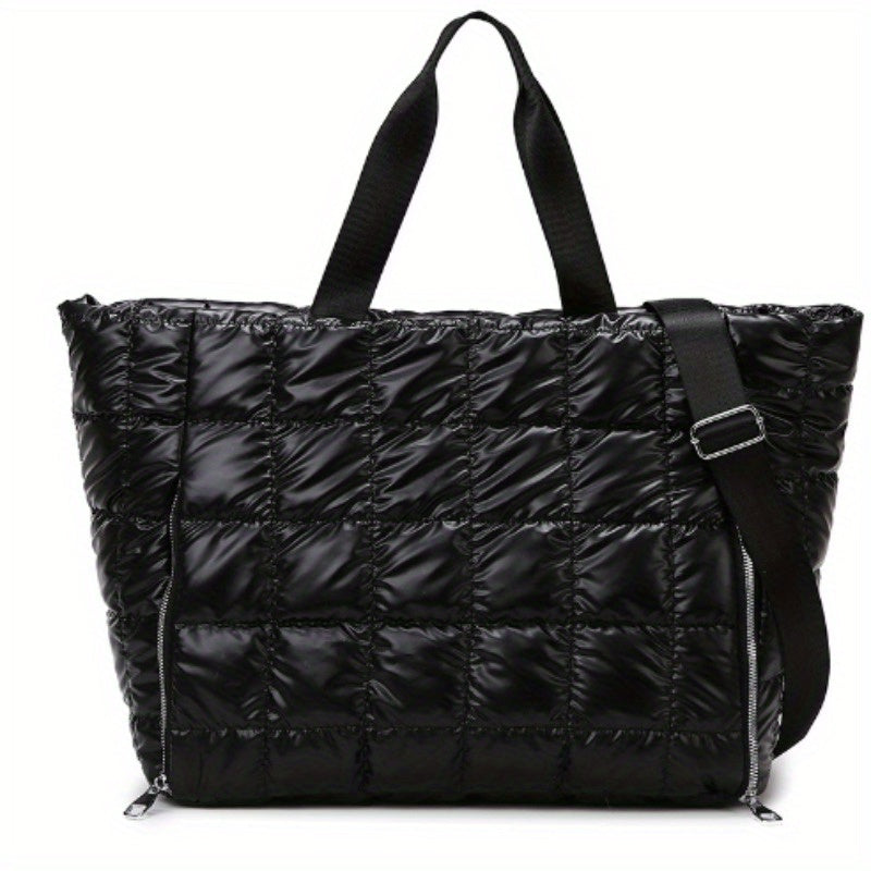Quilted Leather Tote Bag - Premium Top Grain Genuine Leather with Zipper Closure, Travel Work Bag for Women