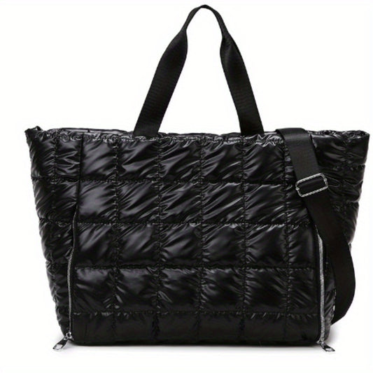 Quilted Leather Tote Bag - Premium Top Grain Genuine Leather with Zipper Closure, Travel Work Bag for Women