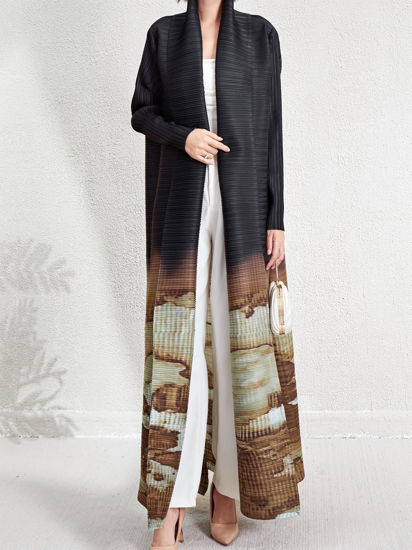 Women's Plus Size Geometric Print Long Sleeve Abaya Dress - Black & White Pleated Cardigan with Belt, Casual Loose-Fit Maxi Wrap for All Seasons