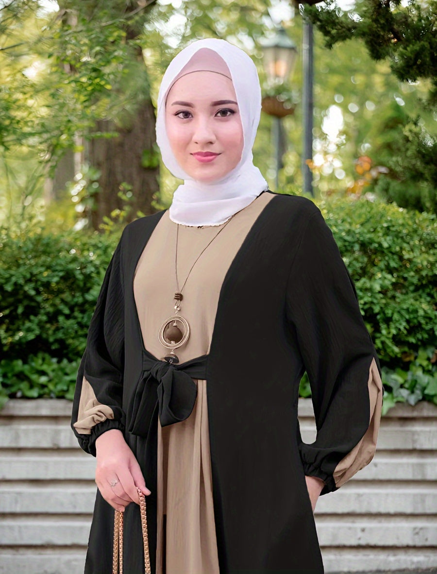 Modest Middle Eastern Baju Abaya Dress - Long Sleeve Round Neck Two-Tone Black & Beige with Adjustable Waist Tie, Non-Stretch Fabric for Ramadan, Daily Wear & Travel, Muslim Dress
